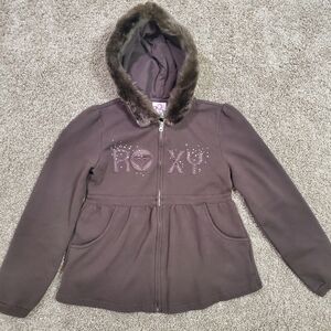 Roxy Vintage Brown Faux Fur Hooded Zip Front Warm Girls Sweatshirt Medium